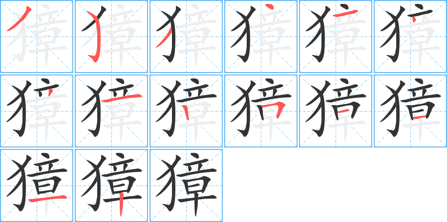 獐字的笔顺分布演示