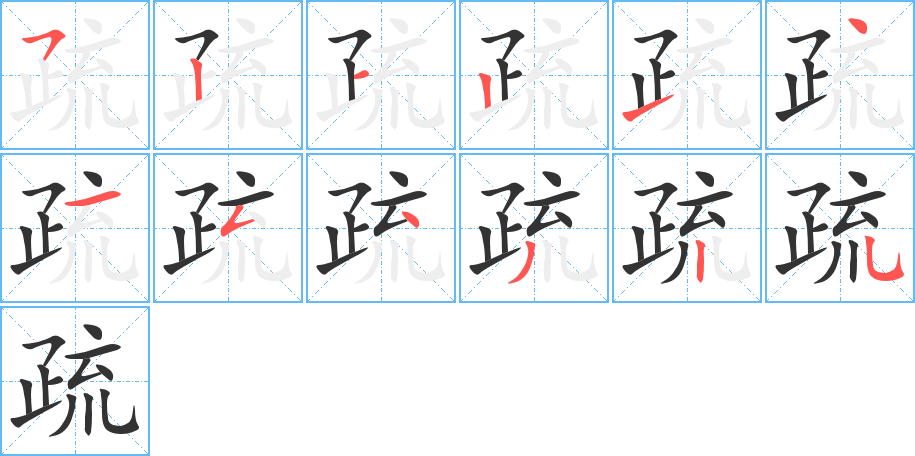 疏字的笔顺分布演示