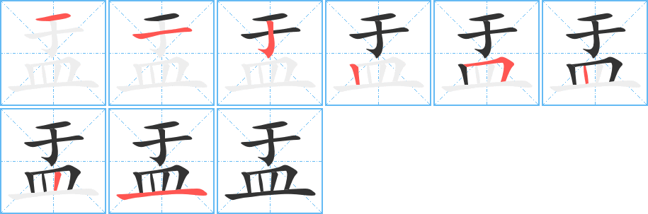 盂字的笔顺分布演示