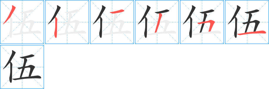 伍字的笔顺分布演示