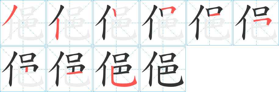 俋字的笔顺分布演示