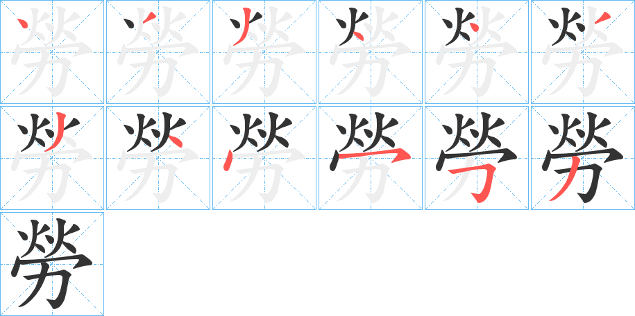 勞字的笔顺分布演示