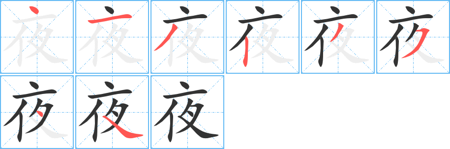 夜字的笔顺分布演示