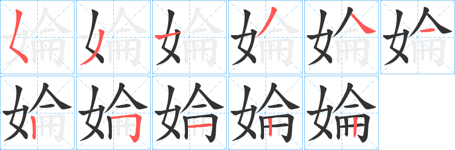 婨字的笔顺分布演示