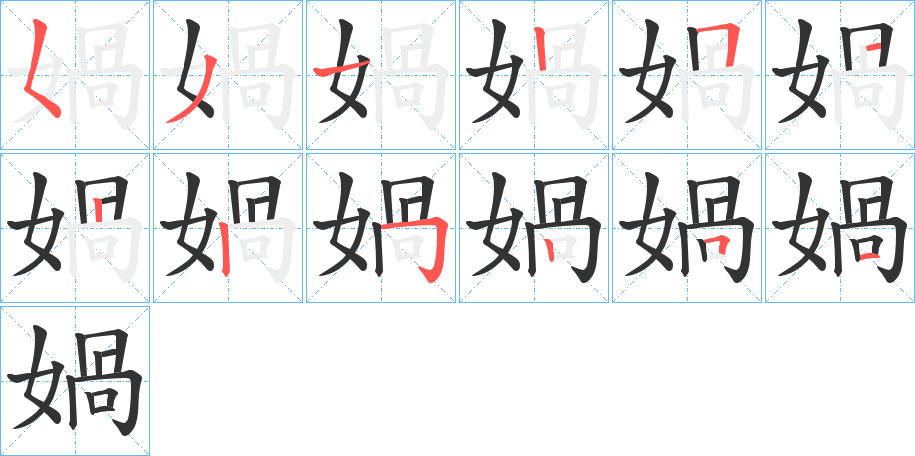 媧字的笔顺分布演示