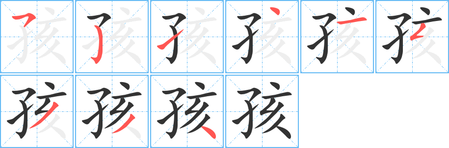 孩字的笔顺分布演示