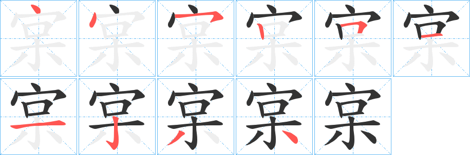 宲字的笔顺分布演示