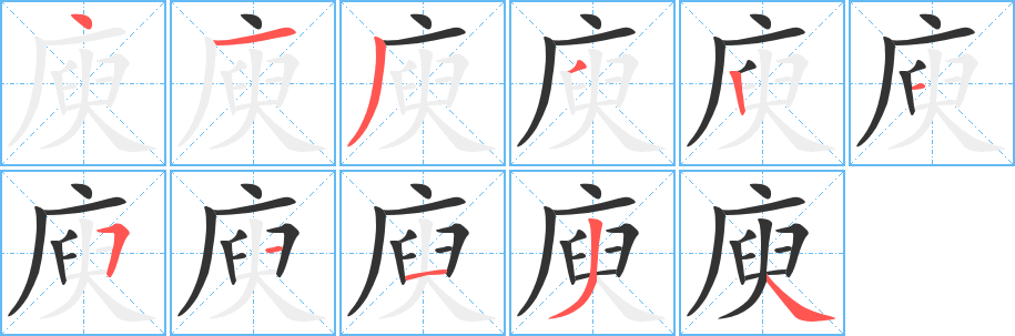 庾字的笔顺分布演示