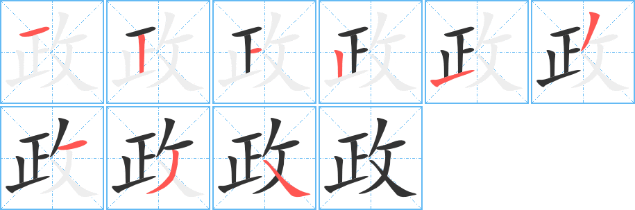 政字的笔顺分布演示