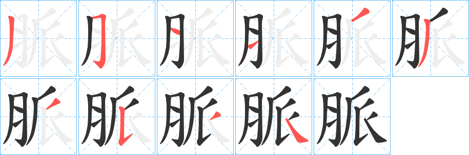 脈字的笔顺分布演示