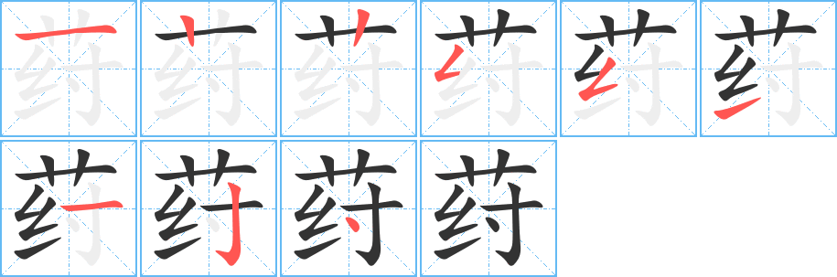 荮字的笔顺分布演示