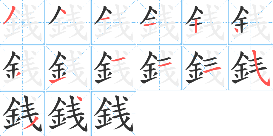 銭字的笔顺分布演示