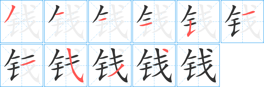 钱字的笔顺分布演示