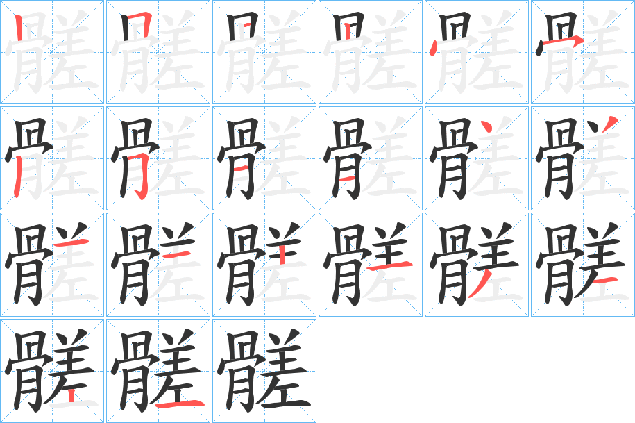 髊字的笔顺分布演示