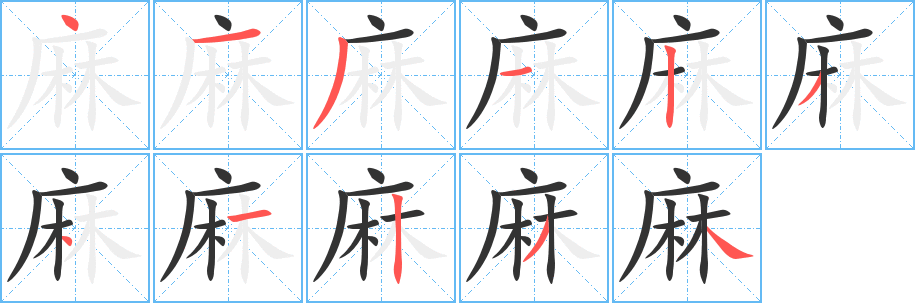 麻字的笔顺分布演示